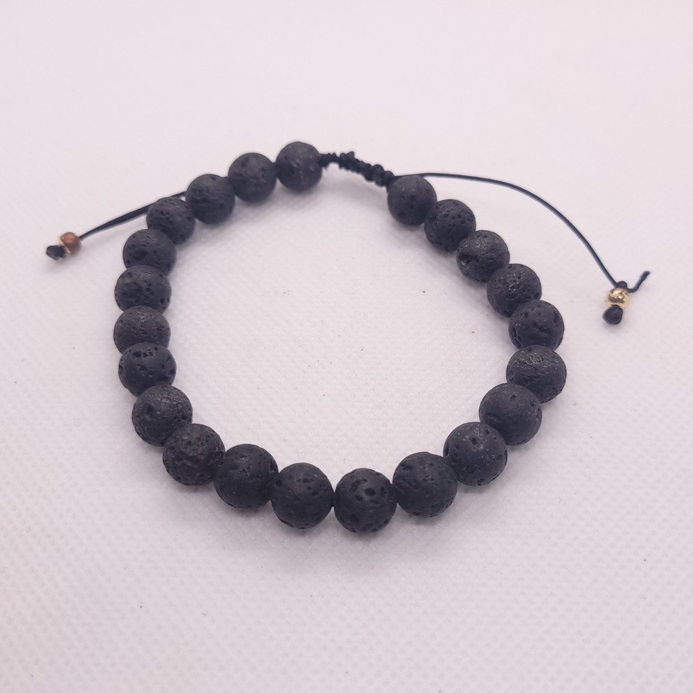 Black Lava Stone Bead Bracelet 9mm Volcanic Rock Adjustable Cord Unisex